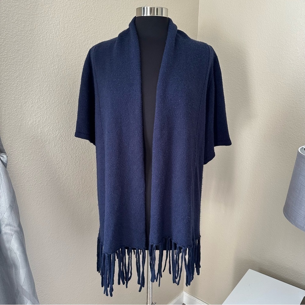 Angie Open Front Wool Blend Fringe Navy Blue Cardigan Pancho Size L